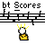 Pixelated character with white head and yellow body appears in two of three, each showing different arm positions against gray background with "bt Scores" text above