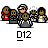 Animated contact sheet of 10 AIM buddy icons featuring pixelated cartoon characters and stylized text logos, all labeled "D12" beneath each frame.