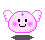 Four pixelated pink circular characters with white wings, blue crosses on foreheads, and black smiley faces arranged in a against gray background