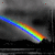 A rainbow-colored diagonal stripe moves across a grayscale background with two dark oval shapes resembling eyes.