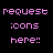 Pixelated pink text and shapes on black background, displaying repeated phrases 'request icons here!!' with evolving abstract patterns below each phrase.