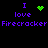 Pixelated text and symbols on black background with green heart and starburst icons above purple 'I love Firecracker' text.