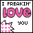 Pixelated graphic with black text 'I FREAKIN' LOVE you', pink star outline, and grid of small pink Y symbols on white background.