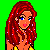 Pixelated cartoon woman with long red hair, blue eyes, and pink lips smiling, wearing a yellow top and dark blue pants with yellow stripes on a bright green background.