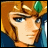 Pixelated anime-style character with orange hair and green headpiece, side profile against black background with white text.
