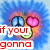 Blue fuzzy creature with peace sign eyes and pink heart cheeks, displaying red text phrases across six