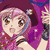 Pixelated anime-style character with pink hair in two distinct poses, one with a purple hooded garment and another with a white top, plus a separate text graphic.