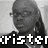 Pixelated grayscale image of a person with long hair and glasses, overlaid with large white blocky text reading 'distel'