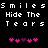 Pixelated text reads "Smiles Smiles Hide The Hide The Tears Tears" above two of pink and purple heart icons on a black background