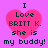 Four identical pixelated heart-shaped icons with text on a purple background, each displaying 'I Love BRITT K. she is my buddy!' in dark green font.