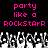 Pixelated text reads 'party like a rockstar' in pink above a crowd of raised hands in grayscale. The image is static with no visible animation changes. The background is solid black. The text uses a blocky, retro digital font. The crowd consists of multiple hands raised in various positions, creating a dynamic scene. The overall style is reminiscent of early digital graphics with limited color palettes. The text is centered horizontally, and the crowd occupies the lower portion of the image. The image has a nostalgic, retro feel due to its pixelated nature and limited color scheme. The text is in lowercase except for the 'R' in 'rockstar', which is uppercase. The image appears to be a single frame with no additional motion or animation observed. The text is repeated twice side-by-side, but