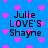 Blue background with pink pixelated hearts and black text reading "Julie LOVE'S Shayne" in four identical quadrants.