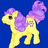 Pixelated yellow pony with purple mane and tail stands against blue background, pink text reads "ASHLEY" and "WE'RE ALL IN THIS 2GETHER! LOL. VBALL!"