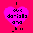 Four identical pink heart-shaped icons with black text reading "i love danielle and gina" on a bright pink background.