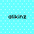 Four identical pixelated text instances of 'alikinz' on a light blue background with white dots, arranged in two and two