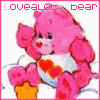Pink Care Bear with heart on chest, orange star base, white cloud background, red text "lovealot bear" above.