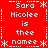 Red background with white snowflake and dashed border patterns, displaying repeated light blue text reading "Sara Nicolee is the namee" in a