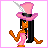 Pixel art contact sheet showing three frames of an animated buddy icon: a character with pink hat and orange body, white pants, and text "so scandalous".