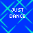 Blue background with cyan diamond pattern and four instances of white pixelated text reading "JUST DANCE" in a arrangement