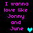 Pixelated text reads "I wanna love like Jonny and June" with cyan and teal hearts on black background, two variations of heart color and placement.