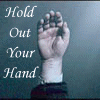 A hand extends palm-up, then a second hand reaches down to grasp it, followed by a wrapped hand and a small animal held in the palm.