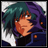 Pixelated anime-style character with teal and purple hair, orange eyes, and a blue jacket with orange buttons, next to stylized text on a black background.