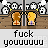 Animated sequence of two cartoon figures in pixelated style, showing repeated motion cycles with text 'fuck youuuuu' below each frame.