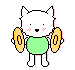 Pixel art contact sheet showing two frames of a white dog-like mascot holding golden coins, with one frame featuring closed eyes and red cheeks while the other shows open eyes and pink blush marks.