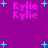 Purple background with repeated pink 'Kylie' text and cyan star shapes scattered across the image.