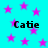 Cyan background with scattered pink stars and repeated black text 'Catie' in pixelated font.