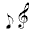 Pixelated black and white musical symbols including a treble clef, eighth notes, quarter notes, and rests on a light gray background.