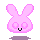 Pixelated pink bunny head with closed eyes and a small mouth, transitioning to open eyes and a smiling mouth in adjacent frames.