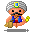 Pixelated character with gray turban, blue vest, red sash, and brown sack, holding yellow coins in various poses