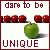 Pixelated static icon with maroon border featuring red apples, a green apple, and pixelated text reading "dare to be UNIQUE" on white background.