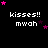Black background with white text 'kisses!! mwah' and pink/purple star animations in a
