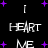 Black background with white text reading "I HEART ME" repeated in a , surrounded by purple plus signs