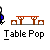 Pixel art animation of a blue-shirted figure with white hair moving around a brown table on a gray background, with 'Table Pop' text below.