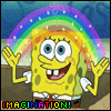 Yellow cartoon character with blue eyes and square body waves under a rainbow arch, smiling widely with teeth showing.