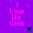 Purple background with pink text reading "I Love My Girls" and dark blue stars in four quadrants.