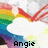 A rainbow-colored cloud with red chevron lines above it, featuring the text 'Angie' in black pixelated font on a white background.