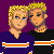 Pixel art buddy icon featuring two male characters with blonde hair against a purple background, accompanied by the text "TAKEN + HAPPY" in white block letters.