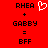 Red background with black text and a white heart symbol; two identical show 'RHEA + GABBY = BFF' with a heart icon above 'RHEA' in the left