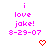 Pixelated text in bright pink reads 'i love jake!' with date 8-29-07 above a red heart symbol on white background.