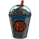 Six identical cartoon-style drink cups with dark gray liquid, light blue domed lids, and orange straws arranged in two of three on a white background