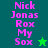 Pixelated text 'Nick Jonas Rox My Sox' in pink on green backgrounds with a star symbol changing color.