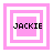 Four pink and white square frames with the text "JACKIE" in black pixelated font, each frame showing a different arrangement of nested squares.