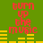 Green background with red text 'turn up the music' and yellow audio equalizer bars in four identical arranged in a