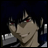 Pixelated anime-style character with dark hair and red eyes, side profile against black background with white text elements.