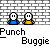 Pixel art animation of two cartoon figures punching each other against a brick wall background, with text labels and a framed picture.