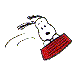 White cartoon dog with black nose and eyes holds red brick, shown in four rotating poses against gray background.